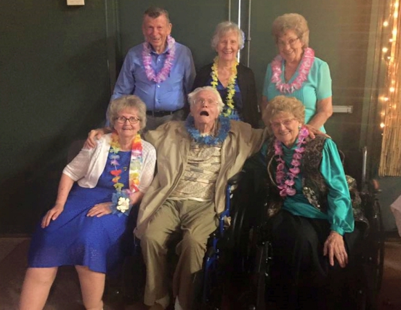 Grandpa's "Bernie" Impression, With Grandma, Roland, Gayle, Evelyn and Priscilla, 2016 (Photo by Becky Esquibel)